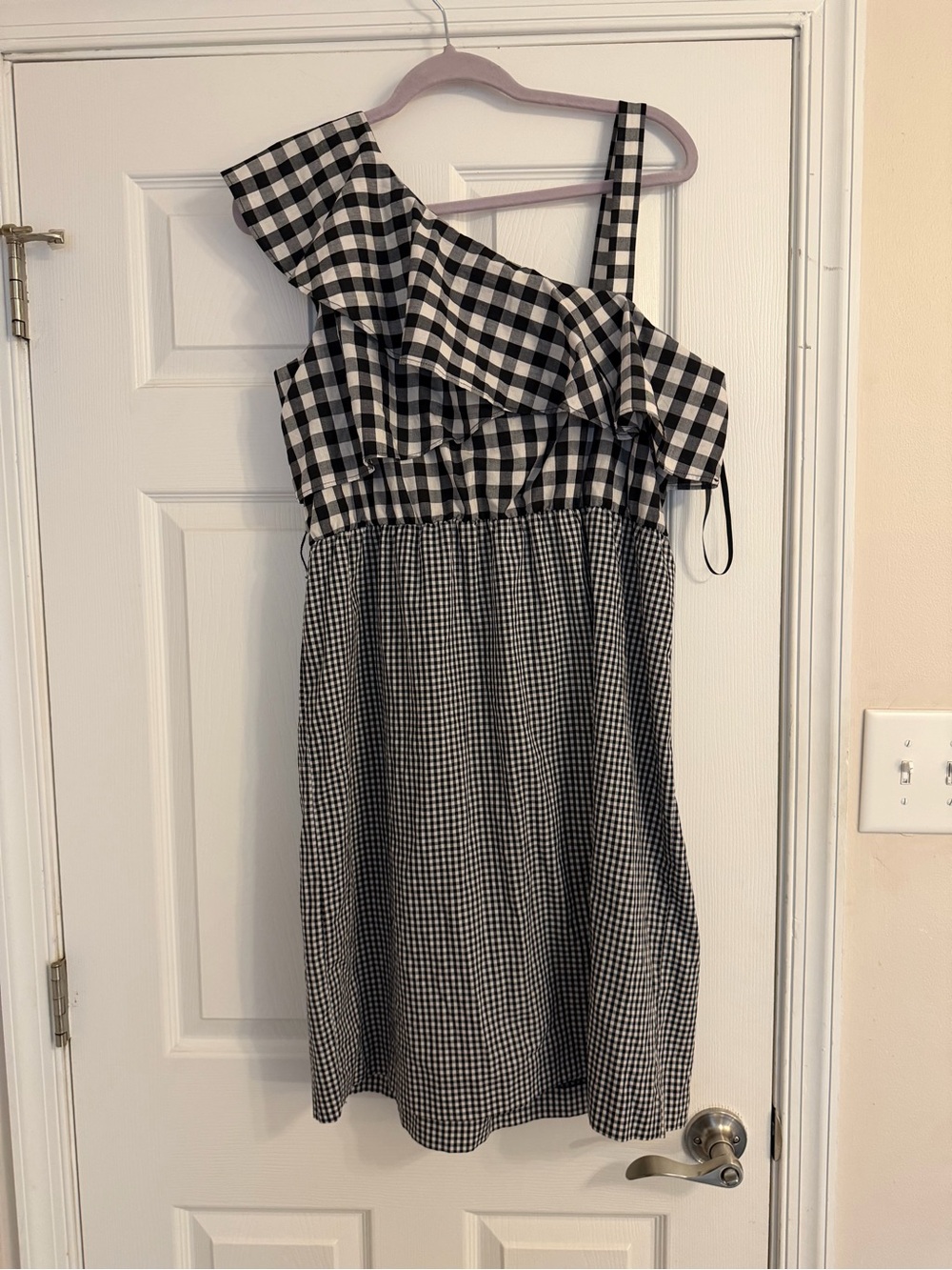 Calvin Klein Black and White Gingham One-Shoulder Dress